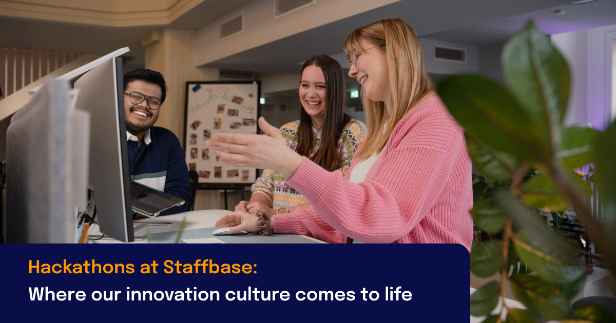 Image of three people standing together in front of a desk. Headline in the left corner saying "Hackathons at Staffbase: Where our innovation culture comes to life"